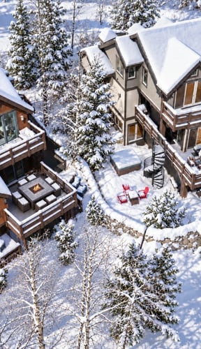 Aerial view of three snow-covered mountain homes with decks, fire pit, and red chairs nestled among evergreen and aspen trees