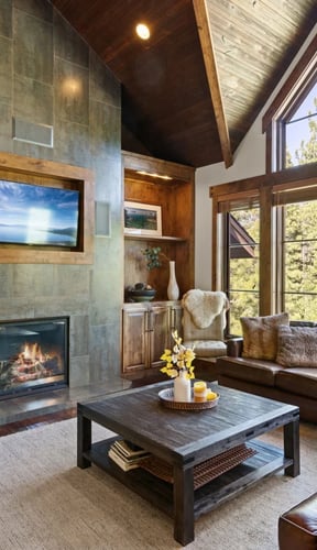 Modern living room with stone fireplace, wood paneling, leather seating, and large windows overlooking pine forest