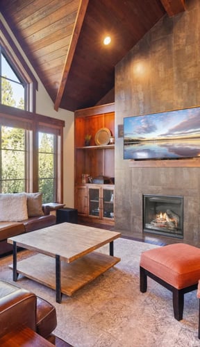 Modern living room with vaulted wood ceiling, leather seating, gas fireplace, built-in wood cabinetry, and large windows overlooking forest.
