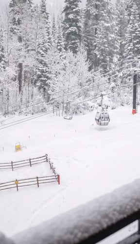 Snowy ski resort with chairlifts, wooden lodge buildings, and snow-covered evergreen forest in background