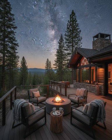 Mountain cabin deck at night with fire pit, seating, and Milky Way galaxy visible in starry sky above pine forest.