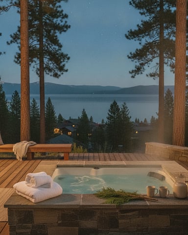 Wooden deck with hot tub overlooking lake and mountains at dusk, tall pine trees framing the view