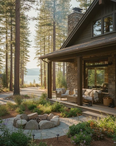 Modern stone cabin with covered porch overlooking lake through tall pine forest, fire pit in foreground.