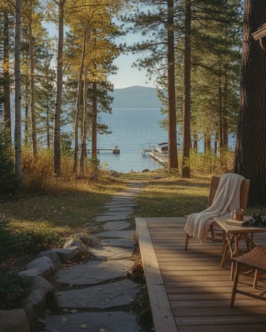 Wooden deck with chair and blanket overlooking lake through tall pine forest and dock