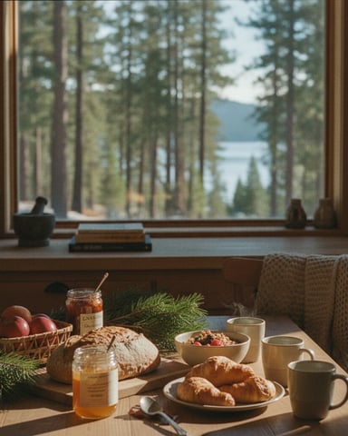 Breakfast table with bread, pastries, and coffee overlooking forested lake and mountains through large window