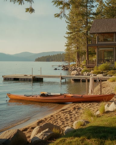 Modern lakeside cabin with wooden deck overlooking sandy beach, wooden kayak, dock, and forested mountains across the water.