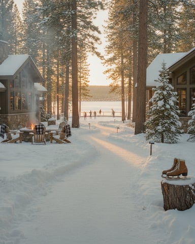 Two modern cabins flanking snowy courtyard with fire pit, tall pines, and frozen lake with ice skaters visible in distance