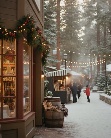 Snowy village street with lit storefronts, holiday garland, string lights, and shoppers among tall evergreen trees