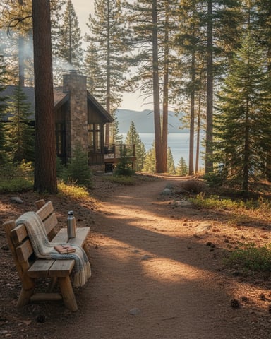 Wooden bench on forest path leading to stone cabin with lake view through tall pine trees