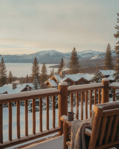 Snowy deck with wooden railing overlooking mountain lake, pine forest, and snow-covered cabins