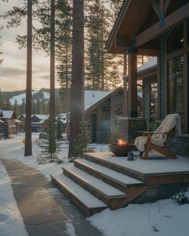 Modern mountain home with stone exterior, fire pit on snowy patio, tall pine trees, and forested valley view at dusk.