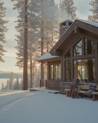 Modern cabin with large windows surrounded by tall pine trees and snow, overlooking a frozen lake in the distance