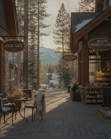 Alley with local cafe and artisan market deli, pine forest and mountain lake visible in distance