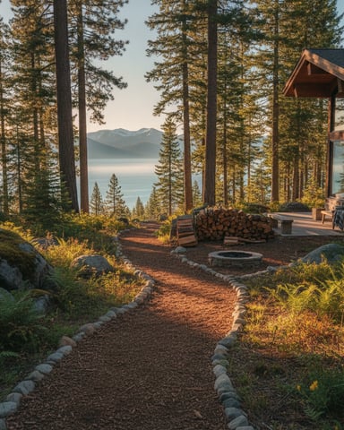 Modern cabin with fire pit and stacked wood in forest clearing overlooking mountain lake