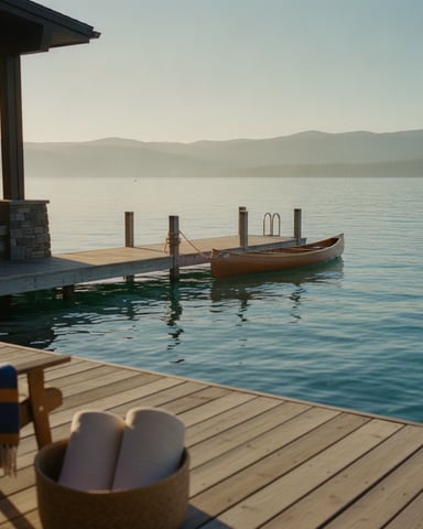 Waterfront deck with lounge chairs, wooden dock, moored boat, and mountain lake view