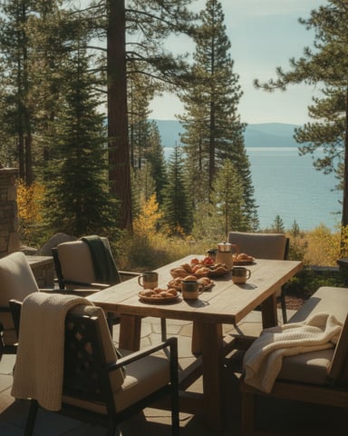 Outdoor patio with dining table, chairs, and breakfast spread overlooking a lake through pine forest.