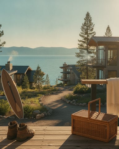Wooden deck with hiking boots and wicker basket overlooking lakeside cabins surrounded by pine trees and mountains