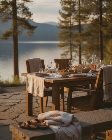 Outdoor dining table set with food and wine glasses overlooking a mountain lake through pine trees
