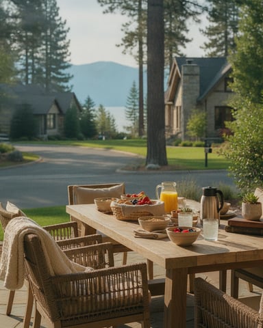 Patio dining table with breakfast spread overlooking forested driveway, mountain, and stone houses