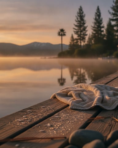 Towel on wooden dock at sunrise overlooking misty lake with evergreen trees and mountains