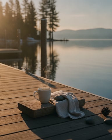 Steaming mug and blanket on wooden dock overlooking calm lake with forested mountains at sunrise