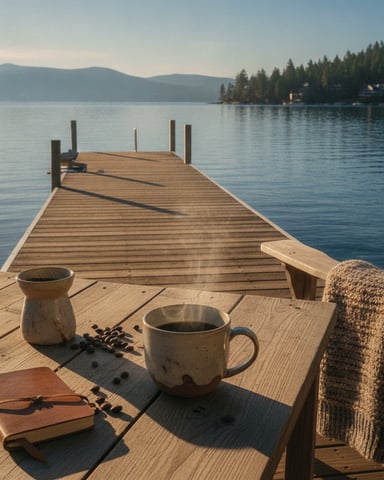 Wooden dock on calm lake with coffee mug, notebook, and blanket in foreground; forested shoreline and mountains in background