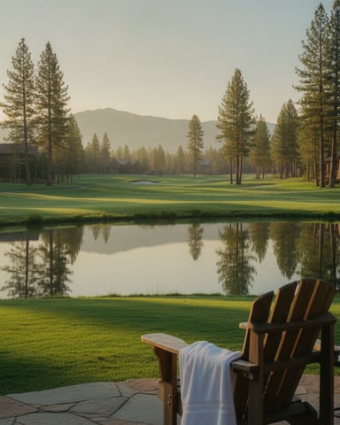 Adirondack chair on patio overlooking calm pond, green lawn, tall pines, and distant mountains at sunrise