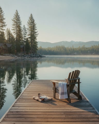 Wooden dock with Adirondack chair overlooking calm lake, conifer forest, and mountains, cabin visible on shoreline
