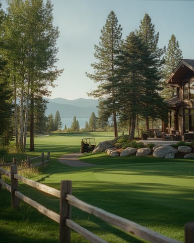Lakeside house with stone exterior, expansive lawn, tall pines, and mountain view across water