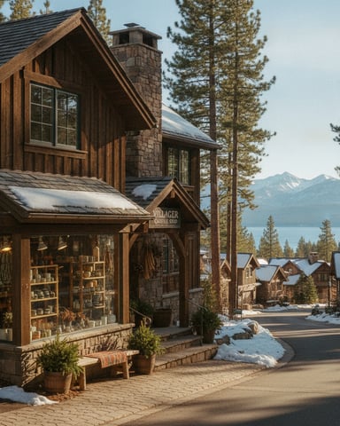 Rustic wooden lodge with stone chimney and candle shop storefront, mountain lake and pine forest in background
