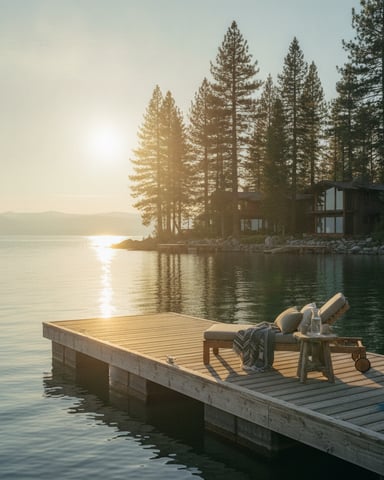 Wooden dock with lounge chair overlooking calm lake, tall pine trees, and modern house at sunset