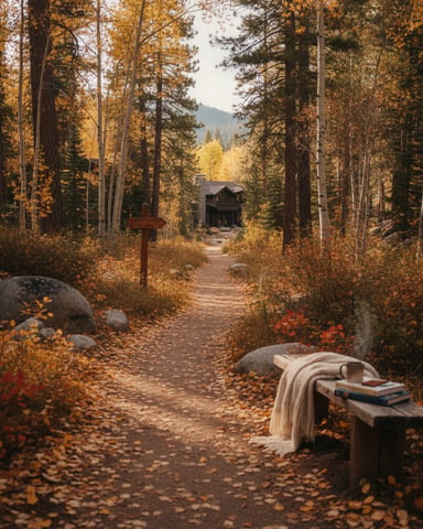 Forest path lined with golden autumn trees leading to a distant cabin, with a wooden bench and blanket in foreground.