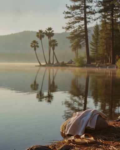 Towel and sandals on rocky lakeshore with calm water, palm trees, and forested mountains in background