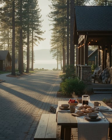 Outdoor dining table with breakfast spread on stone patio, modern cabin with lake view through tall pine trees