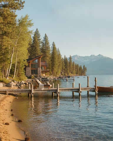 Modern cabin with stone chimney on sandy beach with wooden dock, boat, pine forest, and mountains across the lake