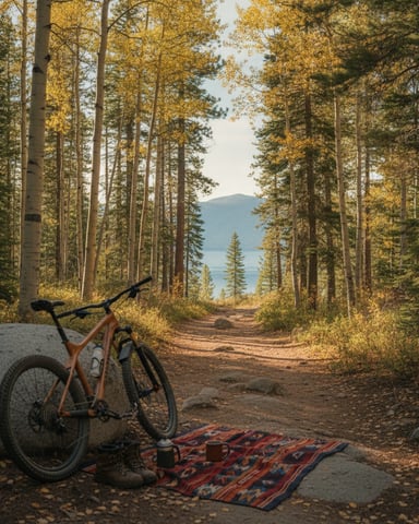Mountain bike parked on forest trail with blanket, autumn trees, and distant lake view