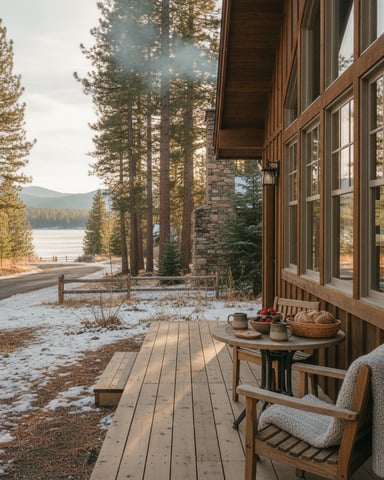 Wooden deck with chairs and table overlooking lake, pine forest, and mountains through cabin windows