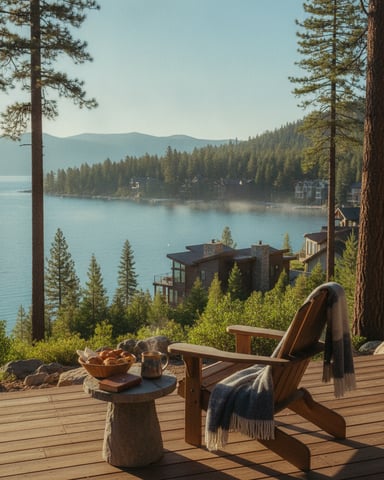 Wooden deck with Adirondack chair overlooking alpine lake, forested mountains, and lakeside homes