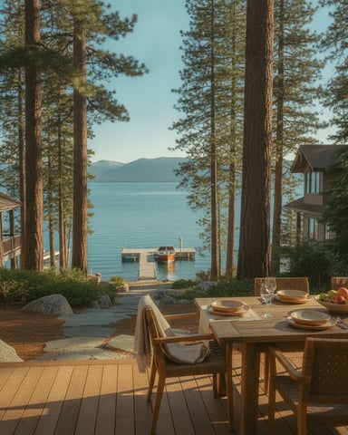Lakeside deck with dining table and chairs, tall pine trees framing view of dock, boat, and mountains across water