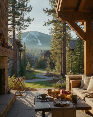 Mountain lodge patio with dining table, fireplace, and view of forested valley with ski slope