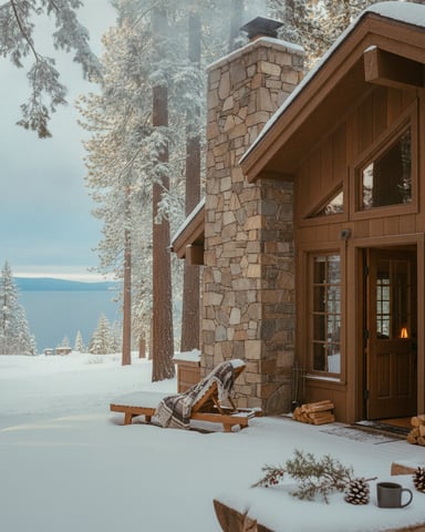 Modern cabin with stone chimney and wood siding surrounded by snow-covered pine forest and mountain views