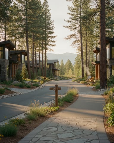Modern stone and wood homes lining a tree-lined driveway with mountain views in the distance