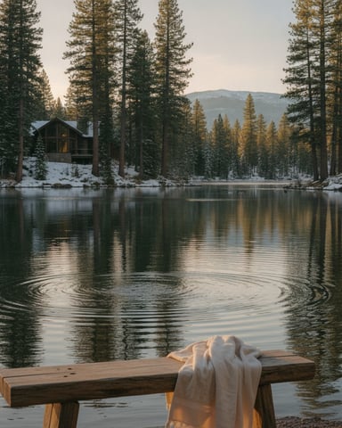 Modern cabin with large windows on snowy shore of mountain lake surrounded by tall pine trees, wooden bench with blanket in foreground.