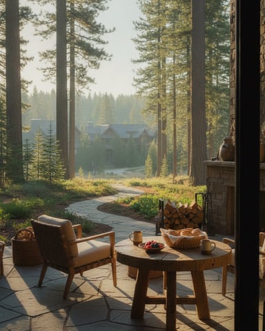 Stone patio with wooden chair and round table overlooking forest, distant lodge, and lake