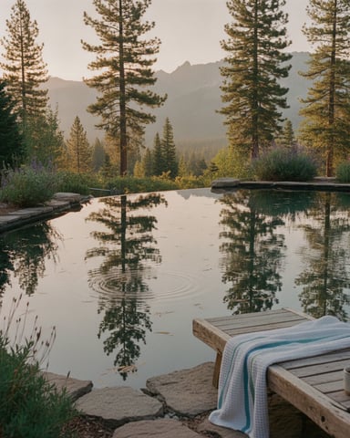 Wooden dock with blanket and mug overlooking calm mountain lake surrounded by pine trees