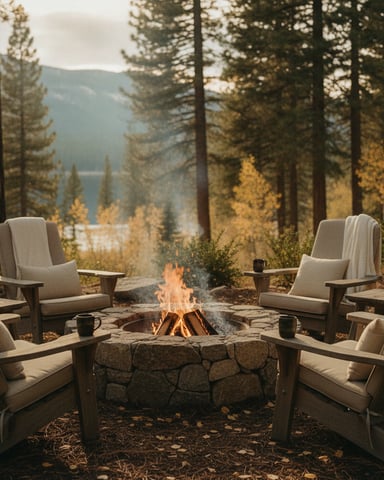 Stone fire pit with burning wood surrounded by cream-colored Adirondack chairs, mountain lake and forest in background