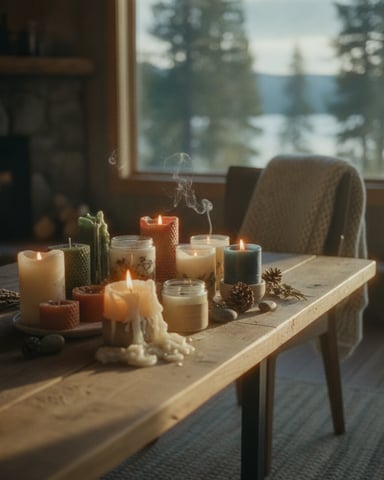 Wooden table with lit candles, potted cactus, and pinecones, window overlooking forested lake and mountains beyond