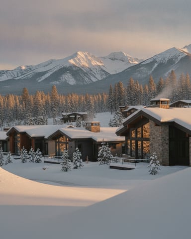 Modern mountain resort with stone and wood buildings in deep snow, snow-covered evergreen forest, and snow-capped peaks at sunset.
