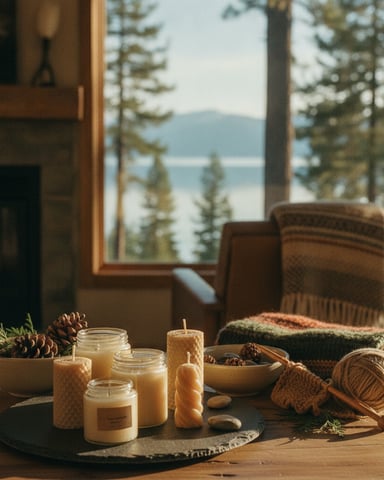 Wooden table with candles, pinecones, and cozy textiles overlooking lake and forest through large window
