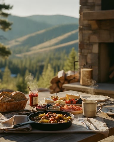 Outdoor dining table with bread, charcuterie, and skillet overlooking forested mountains and valley